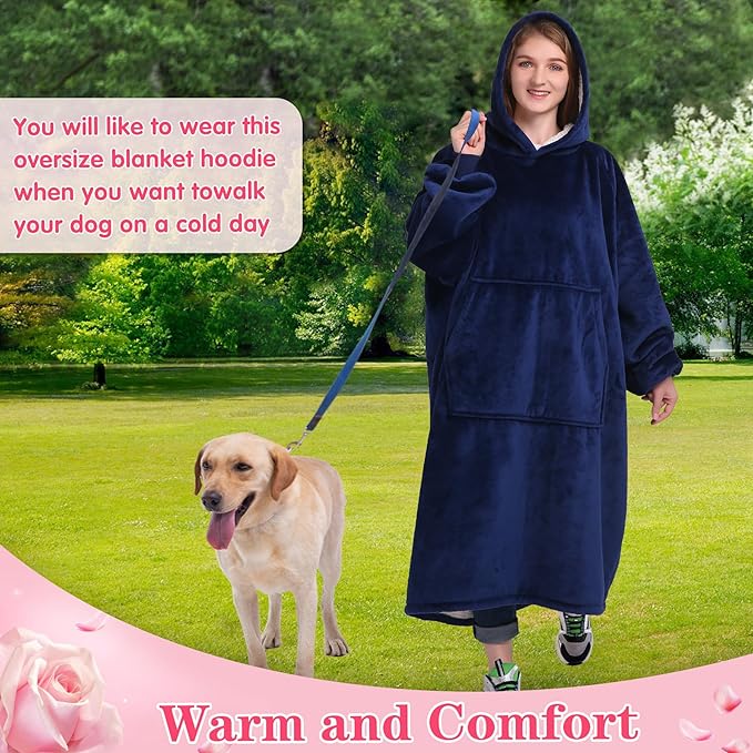 Waitu Oversized Wearable Blanket Sweatshirt Gifts for Women and Men, Soft Sherpa Blanket Hoodie with Sleeves and Pocket, Warm Body Blanket Robe - Navy