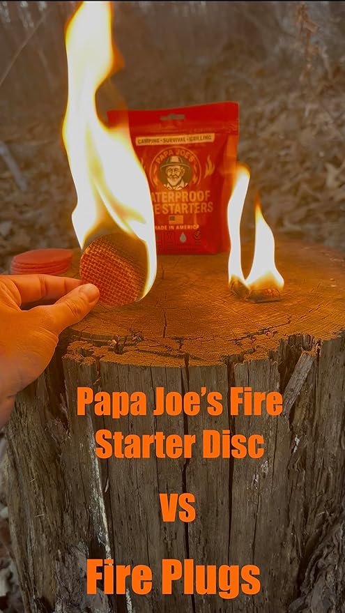 Papa Joe's 100% Waterproof Fire Starter (15 Disc) Up to 60 Fires | 8-10 Minute Burn Instant Light | Fire Pits, Grills, Survival | for Emergency Kits | Handmade in USA Camping Accessories