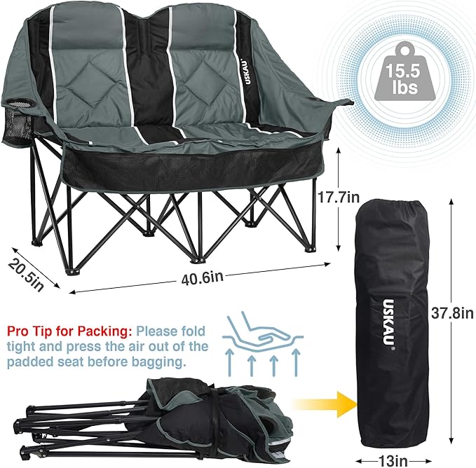 Oversized Double Camping Chair - 2 Person Folding Loveseat for Campfire Snuggle Freedom, Heavy Duty 660LBS Support with Frustration-Free Oversized Carry Bag, Perfect for Couples, Dogs & Sports