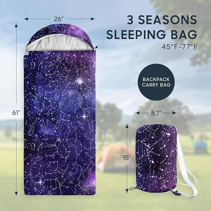 Wake In Cloud - Kids Sleeping Bag for Boys Toddlers, Camping in Warm Cold Weather, Backpacking Lightweight Compact Outdoor Liner for 3 Seasons, Constellation Galaxy