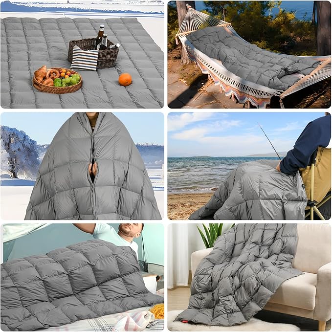 Down Camping Blanket - Lightweight, Packable, Warm & Puffy Outdoor Travel Quilt for Sleep, Hiking, Backpacking, Stadium, Festivals, Water-Resistant Sleeping Bag 55"x79"
