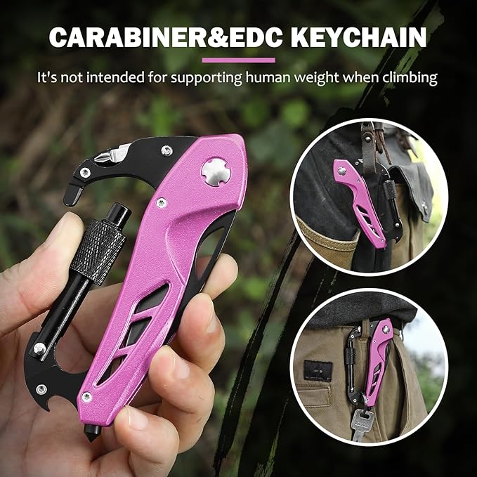 Pink Multitool Carabiner Knife for Women Men,Survival Gear for Camping Hiking，EDC Carabiners, 6-in-1 Multi Tools with Window Breaker, Bottle Opener and Screwdriver,Gifts for Women/Men (Pink)