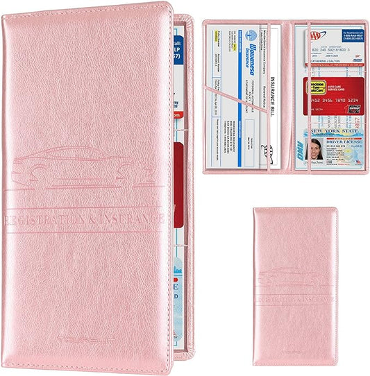 TOURSUIT Car Registration and Insurance Card Holder, Vehicle License Document Glove Box Compartment Organizer, Interior Car Accessories for Women Men Teens (Rose Gold)