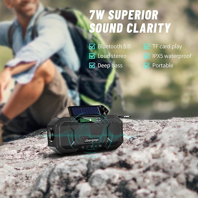 Emergency Radio Waterproof Bluetooth Speaker,Portable AM FM Radio with Flashlight,Reading Lamp,Hand Crank NOAA Weather Radio with Solar Panel,5000mAh/18500mWh Cell Phone Charger,Emergency Survival Kit