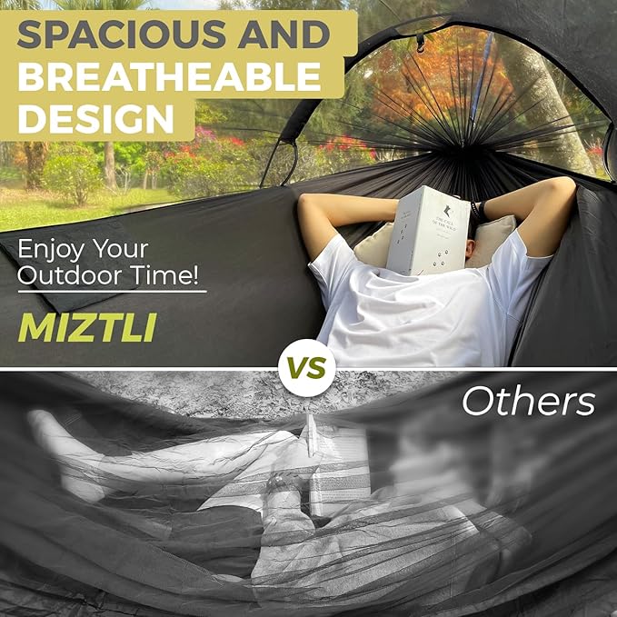 Miztli Camping Hammock with Net & Rain Fly All-in-1 - Double & Single Portable Hammock Ripstop Nylon, Complete Kit w/Adjustable Tree Straps for Backpacking, Outdoor, Travel