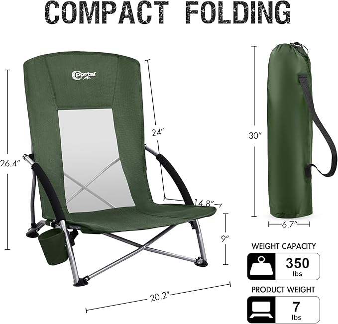 Portal Beach Chairs for Adults Camping Low Lightweight Portable Chair with Cup Holder Mesh Back Carry Bag for Outdoor Sand Lawn Travel Picnic Festival Concert
