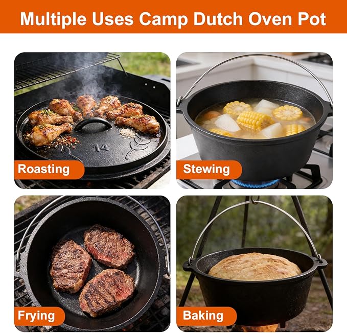 10 QT Pre-Seasoned Cast Iron Camp Dutch Oven with Lid, Large Camping Dutch Oven Pot with Tripod Stand, incl. Lid Lifter - Dual Handles - for Outdoor Campfire, Grill, Oven&Stovetop Cooking - Black