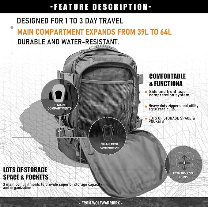 Miramrax Tactical Backpack Military Hiking Daypack - Molle Backpack for Men 3 Day Assault Pack Bug Out Bag for Camping (Grey)