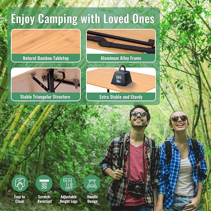 KingCamp 4-Fold Bamboo Camping Table with Serrated Adjustable Legs (16.5" to 27.6"), Heavy-Duty Aluminum Frame & Carry Bag for Outdoor, RV, Picnic, Beach