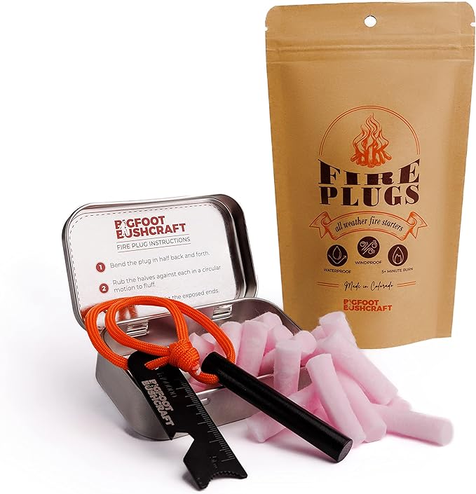 Bigfoot Bushcraft Complete Mini Fire Starting Kit - Waterpoof, Windproof, 5+ Minute Burn - Includes 16 Fire Plugs, Hinged Travel Tin, and Mini Ferro Rod Set