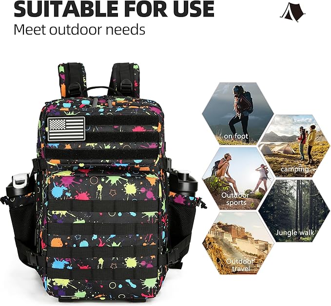 Lovelinks21 Tactical Assault Backpack - 45L 3 Day Assault Pack with MOLLE, Waterproof Rucksack - Fluorescent Tie Dye