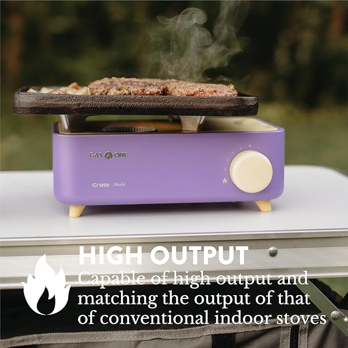 Gas One Butane Fuel Camp Stove – Crate Series - Mini Stove for Camping, Hiking – Portable Gas Stove with Spiral Flame – Even Heat Distribution – Modern and Easy to Use (Violet)
