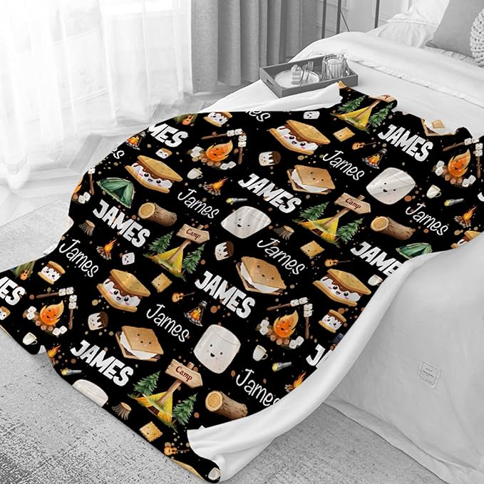 Custom Marshmallow Blanket with Name | Personalized Camping Blanket for Girls Boys | Ultra Soft Customized S'Mores Throw for Couch/Sofa/Travel/Camping Home Decor - 60"x80"-Adults/Twin Size