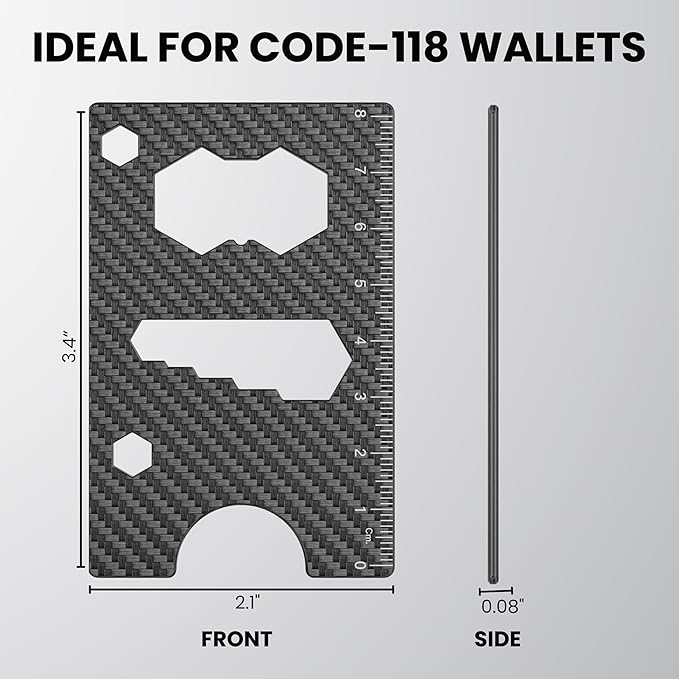 Code 118 Multi-Tool Card - 12-in-1 Credit Card Multitool with Bottle Opener, Ruler (In & CM) and 8 Wrench Sizes - Slim Survival Multipurpose Tool, Wallet not Included (Carbon Fiber)