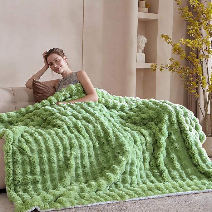 60x80 Inches Ultra-Soft Fuzzy Faux Fur Plush Twin Size Blanket - Thick, Warm Sherpa for Couch, Sofa, Bedroom, Camping - Decorative Blanket for Cozy Warmth, Bubble Light Green