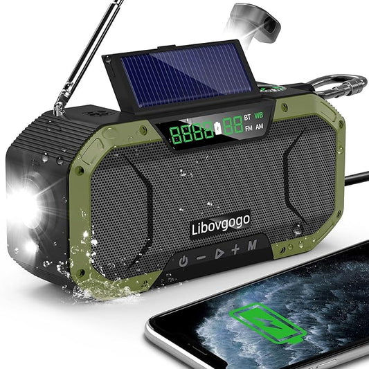 Emergency Radio Waterproof Bluetooth Speaker,Portable AM FM Radio with Flashlight,Reading Lamp,Hand Crank NOAA Weather Radio with Solar Panel,5000mAh/18500mWh Cell Phone Charger,Emergency Survival Kit