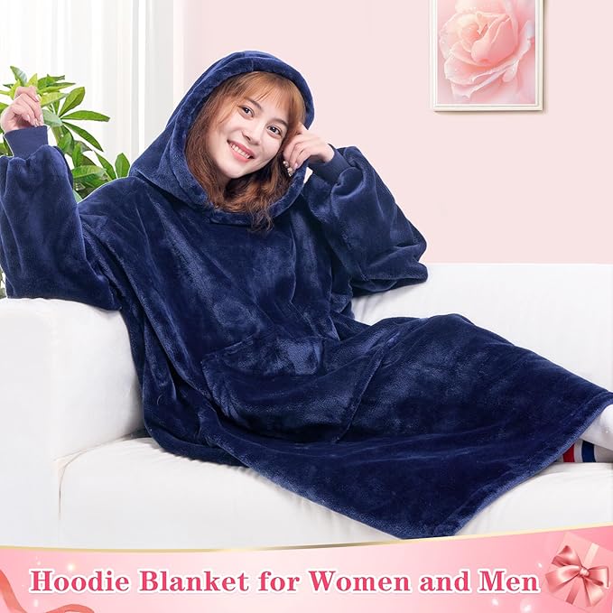 Waitu Wearable Blanket Sweatshirt Gifts for Women and Men, Warm and Cozy Giant Blanket Hoodie, Thick Flannel Blanket with Sleeves and Giant Pocket - Navy