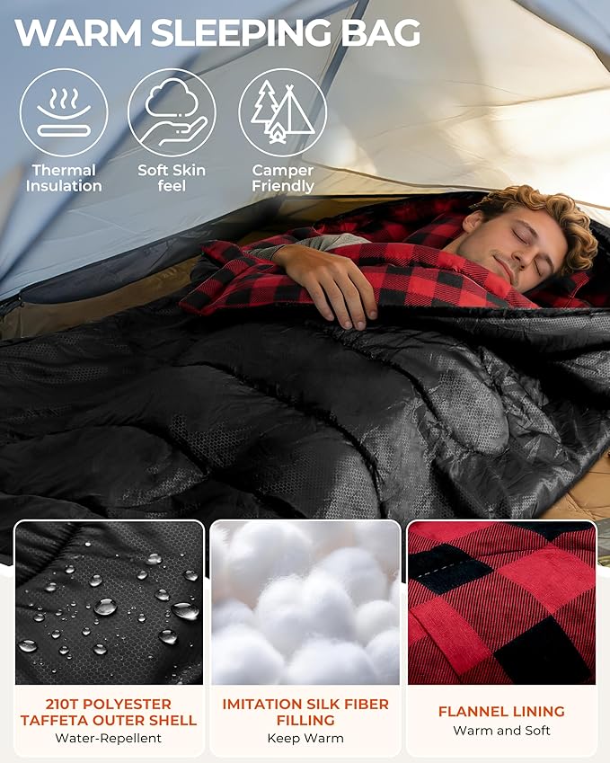 Sportneer 0 Degree Sleeping Bag for Cold Weather, XL Winter Sleeping Bag for Adults, Flannel Lined Camping Sleeping Bag, 32°F–59°F Rated, 87" x 33.5", 4.4 lbs, Detachable Hood, Compression Sack