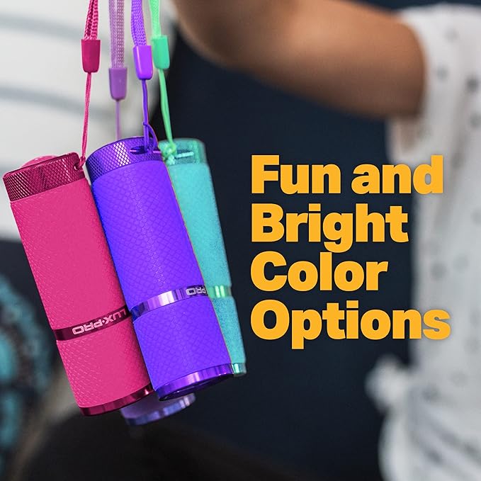 LUXPRO 3 Pack Mini Flashlights - LP395 Gel Glow in Dark - Aluminum LED Flashlights with Maximum Brightness of 40 Lumens - IPX4 Water Resistant - 3 AAA Batteries Included - Pink, Purple, Teal