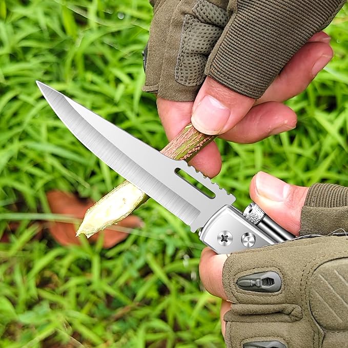 AK47 Style Tactical Folding Pocket Knife – EDC Gift for Men with LED Light, Wood Handle & Pocket Clip, Laser Engraving Ready, Outdoor Camping Hiking Gear (1)