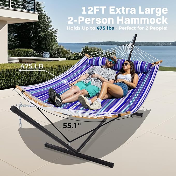 SUPERJARE Curved-Bar Hammock with Stand, 2 Person Heavy Duty Hammock Frame, Detachable Pillow & Portable Carrying Bag, Perfect for Outdoor & Indoor, Deep Ocean Fine Stripe