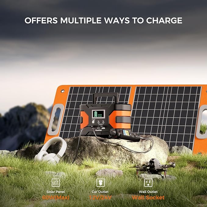 FF FLASHFISH 166Wh Portable Power Station, 150W Solar Generator with AC/Quick Charge USB/DC Outputs, Backup Power Battery Pack for Camping, CPAP, Travel, Home Emergency