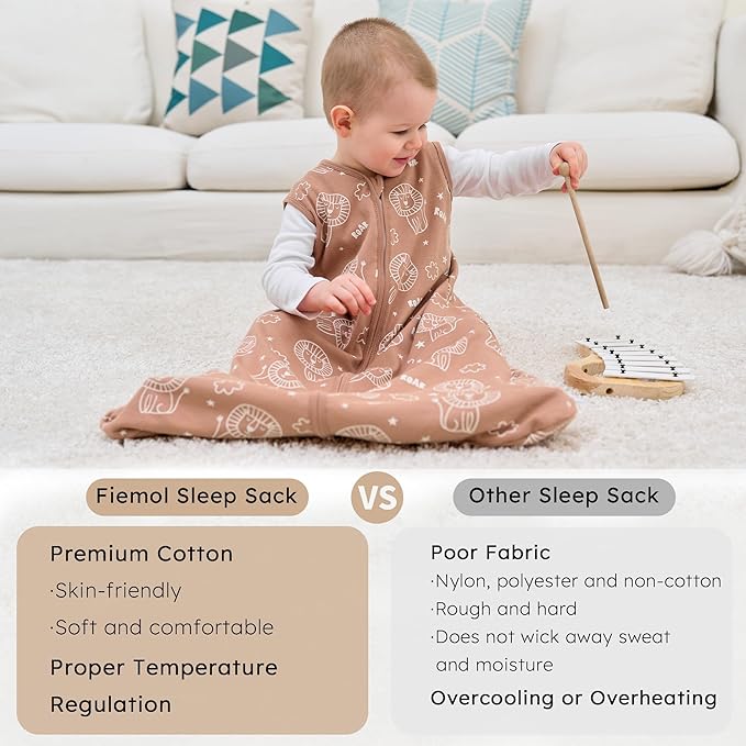 Baby Sleep Sack 12-18 months, 100% Cotton Sleeping Sack for Toddler, 3 Pack Baby Wearable Blanket, 0.5 Tog Lightweight Double Zipper Sleep Bag Large Brown Green Lion