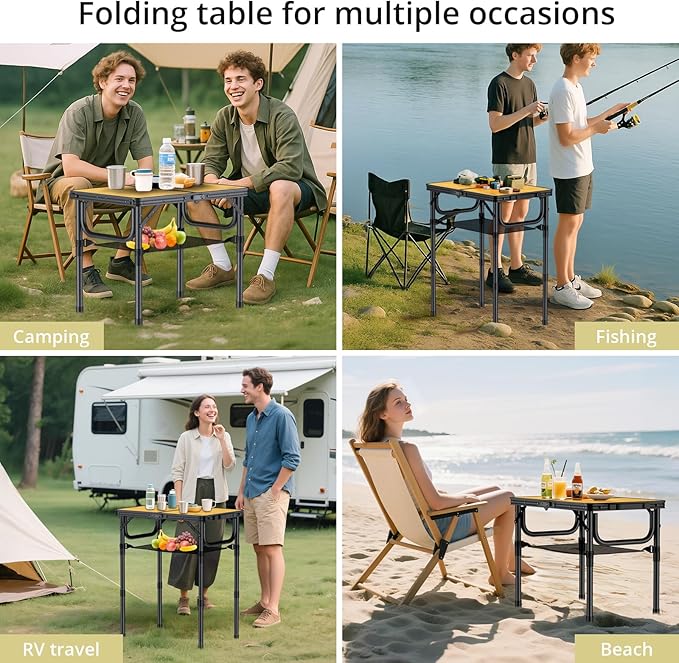 Anbte 2ft Camping Table Foldable with Storage Net, 3 Adjustable Heights Aluminum Small Folding Table Lightweight, Portable Handle for Travel Outdoor Beach Camping Picnic, 23.2" x 16", Light Oak Grain
