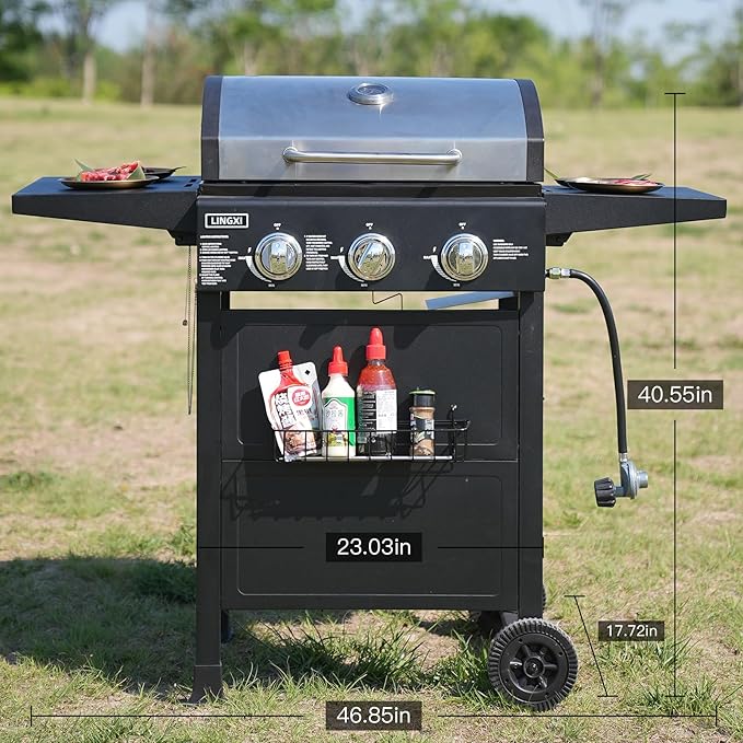 LINGXI gas grills propane 3-Burner Propane Grill, Gas Grill with front hanging basket, Asadores De Gas.30000 BTU barbecue grill, Grills outdoor cooking. Suitable for Backyard, Outdoor, Patio, Garden
