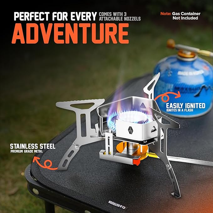 3500W Camping Stove, Backpacking Windproof Camp Stove with Piezo Ignition Carrying Case and 2 Additional Adapters, Compatable with Isobutane, Propane, Butane Tanks, Portable and Collapsible