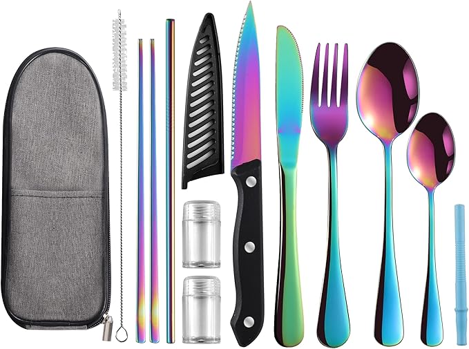 Logcow Travel Utensils Set with Case, 10-Piece Reusable Stainless Steel Camping Cutlery, Portable Fork Spoon Knife Chopsticks & Straw for Work, Lunch, Picnic (Rainbow)