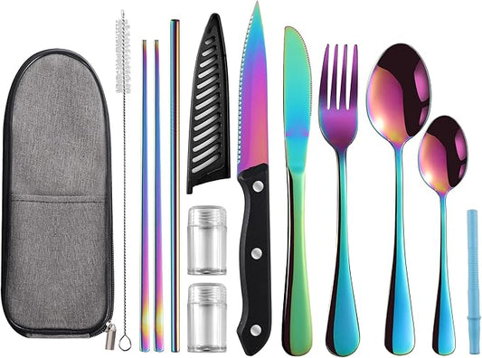 Logcow Travel Utensils Set with Case, 10-Piece Reusable Stainless Steel Camping Cutlery, Portable Fork Spoon Knife Chopsticks & Straw for Work, Lunch, Picnic (Rainbow)