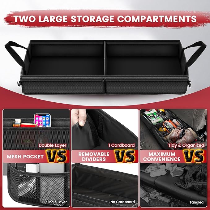 Under Seat Truck Organizer Storage Box with 1 Removable Divider & 5 Storage Mesh Bag, Collapsible Trunk Organizer for Car, SUV, Truck, or Van(Full Size Trucks) Two large storage compartments