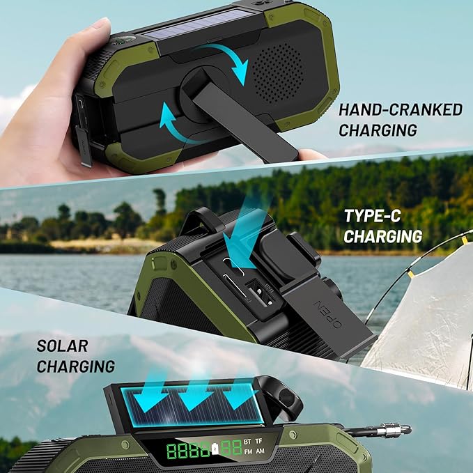Emergency Radio Waterproof Bluetooth Speaker,Portable AM FM Radio with 5000mAh/18500mWh Cell Phone Charger,Flashlight,Reading Lamp,Hand Crank NOAA Weather Radio with Solar Panel,Emergency Survival Kit
