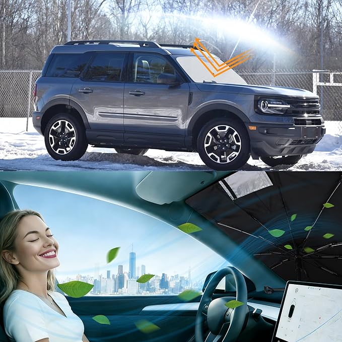 Windshield Sun Shade Umbrella Custom Fit for 2021 2022 2023 2024 2025 2026 Ford Bronco Sport Accessories Foldable Sunshade Sun Blocker Protect Car from Sun Rays & Heat Damage Keep Car Cooler