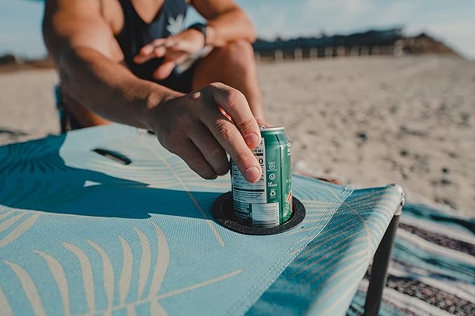 Neso Beach Table - Lightweight, Portable and Foldable Table for Beach, Camping and Outdoor Adventures - Stable Surface - with Cup Holder for Drinks and Phone Pockets - Aqua Fronds