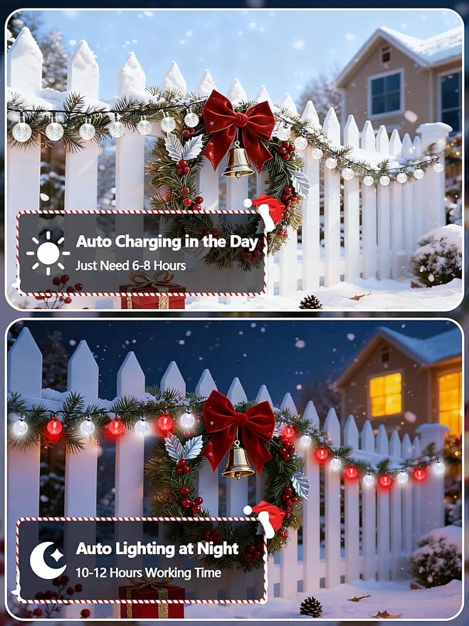Red and White Solar String Lights Outdoor, Waterproof 2-Pack Total 100 LED 64FT Crystal Globe Solar Lights for Outside, Patio Decorations with 8 Lighting Modes for Xmas Tree Wedding Patio Party