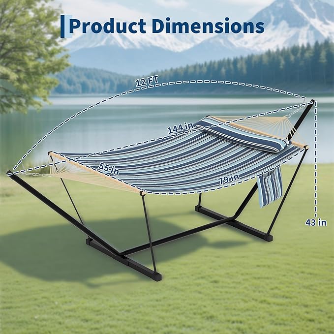 Garvee Double Hammock with Stand for Outdoor, Heavy Duty Portable 2 Person Hammock with Adjustable Steel Stand for Patio, Garden, Beach, Backyard