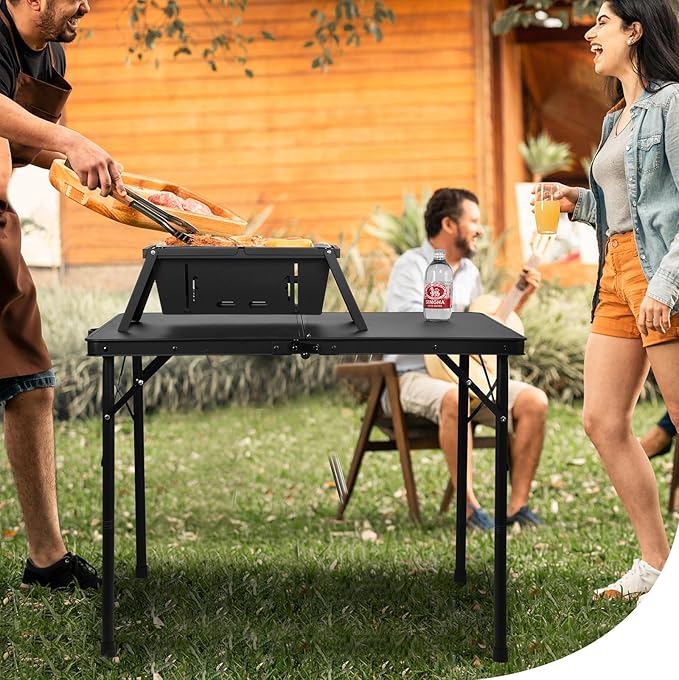 E EASTSTORM 35 inch Folding Table for 4 Person, Heavy-Duty Metal Tabletop, 2 Adjustable Height Camping Table, Portable Outdoor Table with Carrying Handle,for Patio, Picnic, Parties, BBQs, Black