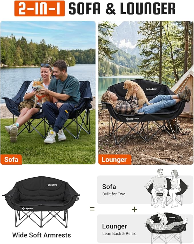 KingCamp Double Camping Chair, Oversized Heavy Duty 660lbs Loveseat for Adults Portable Folding XL 2 Person Couch Padded Comfortable Two Seat with Cup Holder for Outdoor Lawn Backyard, Black
