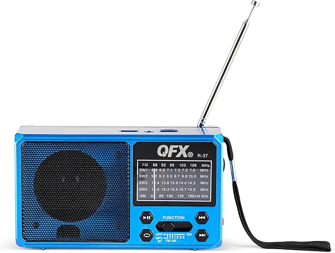 QFX R-37-BL 6-Band (AM, FM, SW1 - SW4) Bluetooth LED Flashlight Solar Radio (2021 Model)