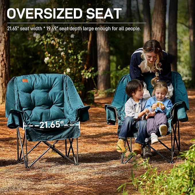 EVER ADVANCED 2 Set Camping Chair with Detachable Cushion, Mesh Chair for Adults Foldable, Oversized Heavy Duty Folding Chair with Cooler Mesh Pocket Cupholder Outdoor Fishing, Supports 400LBS Green