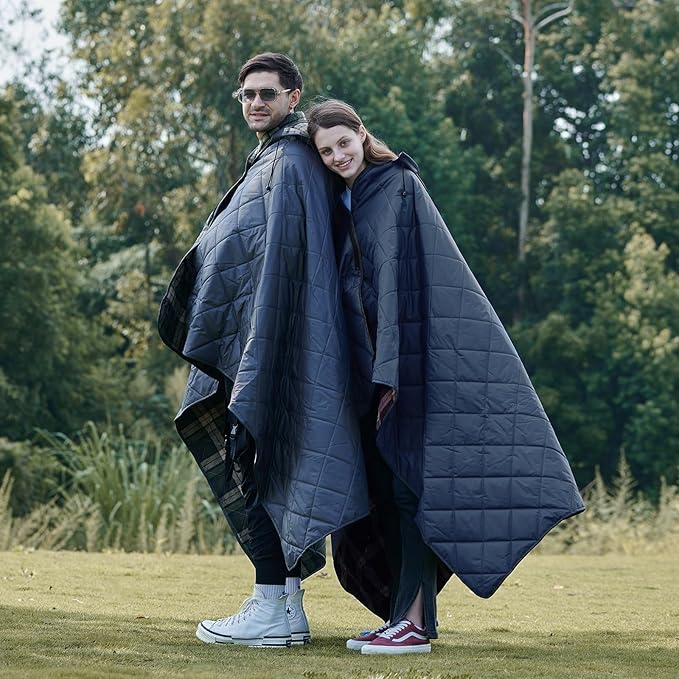 DUKUSEEK Large Camping Blanket - Waterproof, Quilted, Extra Thick Fleece, Warm, Windproof, Wearable, Includes Foldable Hood and Stuff Sack for Car, Outdoor Sports, Picnics, Stadiums, Dogs