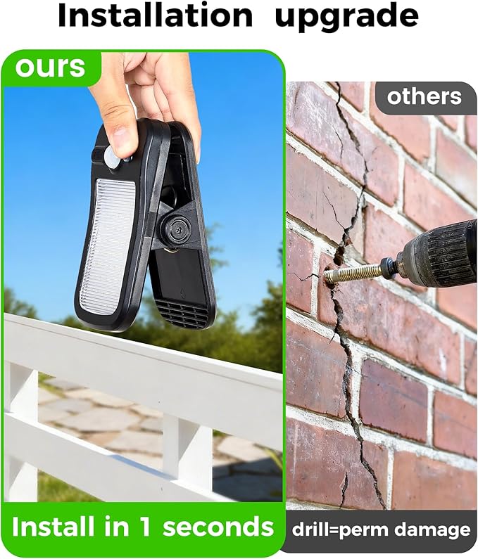 Clip on Solar Lights for Fence, 3 Modes Solar Motion Lights Outdoor Waterproof, 60LEDs 500LM Portable Security Light for Fence, Deck, Garage, Camping, USB Charging, 6 Black
