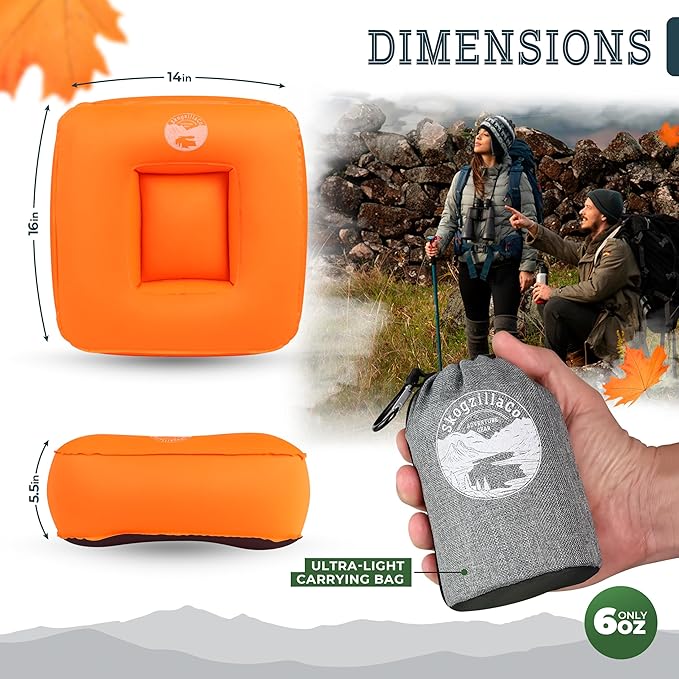 SkogzillaCo- Camping Inflatable Pillow Dual Chamber Ultralight Backpacking Pillow for Camping, Hiking & Travel, Blow Up Pillow with Adjustable Neck, Compact Portable- Orange