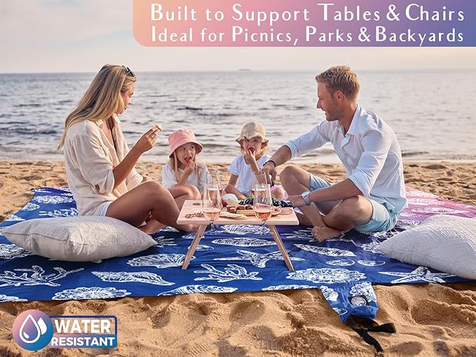 WEKAPO Beach Blanket Waterproof Sandproof Oversized, Extra Large Beach Mat Sand Free, Lightweight & Compact Sand Free Mat with 5 Stakes & 4 Corner Pockets