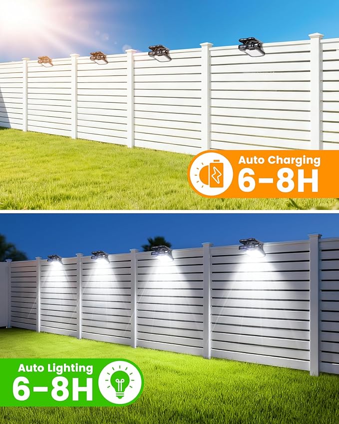 Clip on Solar Lights for Fence, 3 Modes Solar Motion Lights Outdoor Waterproof, 60LEDs 500LM Portable Security Light for Fence, Deck, Garage, Camping, USB Charging, 6 Black