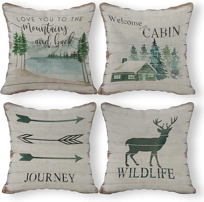 (RB) SiuSue Cabin Decor Pillows, Rustic Farmhouse Pillow Covers 18x18, Log Cabin Decor, Camper Decorations for Inside,Camping Decorative Pillow Covers, Porch Sofa Pillows for Living Room, Set of 4