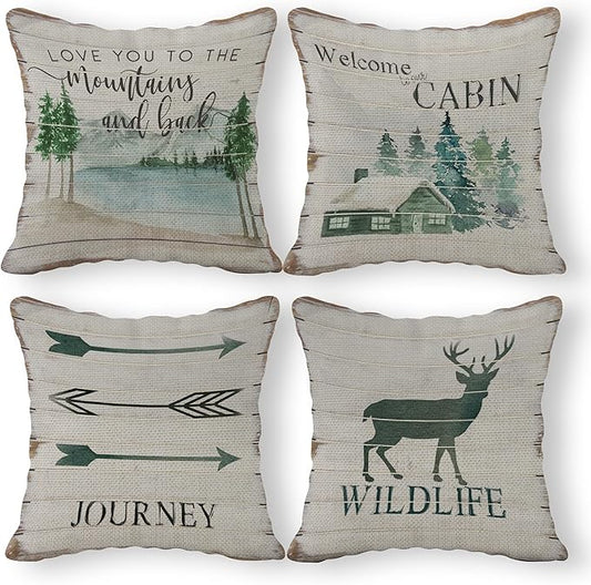 (RB) SiuSue Cabin Decor Pillows, Rustic Farmhouse Pillow Covers 18x18, Log Cabin Decor, Camper Decorations for Inside,Camping Decorative Pillow Covers, Porch Sofa Pillows for Living Room, Set of 4