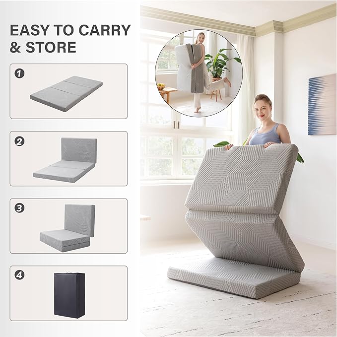 MLILY Tri-Fold Memory Foam Mattress Topper, 4 inch Twin Folding Mattress with Collapsible and Washable Cover, Travel and Guest Mat, 75"×38"×4", Grey